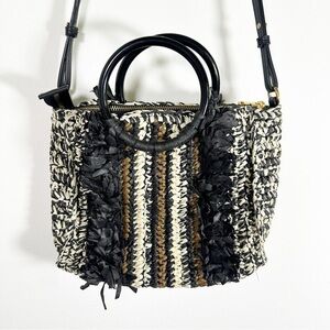 Marled Fringe Neutral Woven Seagrass Rafia Styled Cross Body Bag Banana Republic